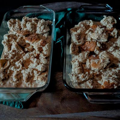 Oops! Bread Pudding – A Happy Baking Accident~2 A pan filled with unbaked Oops! Bread Pudding, made with chunks of bread soaked in a creamy custard mixture, ready to go into the oven.